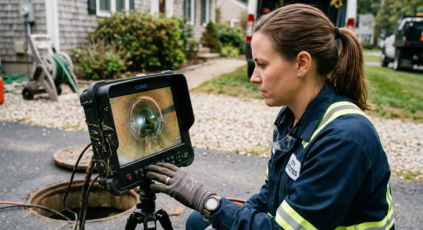 Technician reviewing sewer camera inspection footage in Richmond Heights