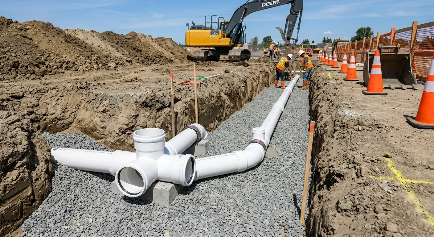 New PVC sewer pipe installation in open trench for Commercial Drain Cleaning in Richmond Heights