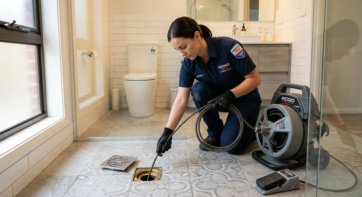 Technician clearing a bathroom floor drain for Sewer Line Replacement in Richmond Heights